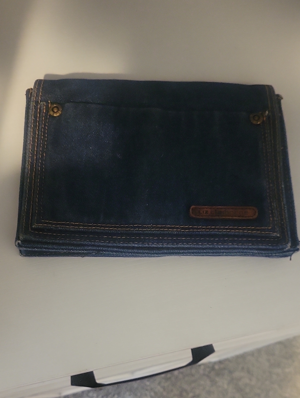 Liz Claiborne Vintage Dark Blue Denim Fold-Over Belt Wallet with Leather Patch